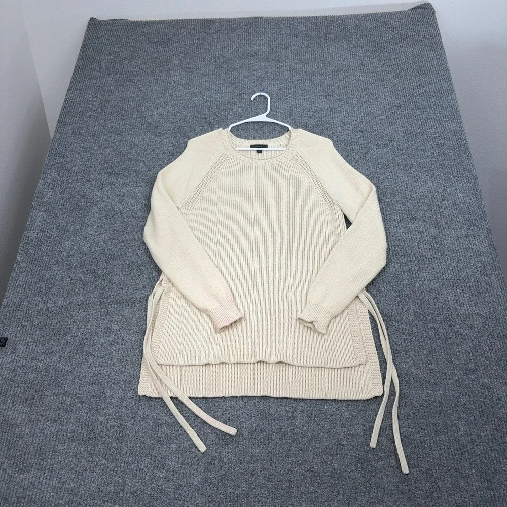 J Crew Sweater‎ Womens M Cream Side Tie Ribbed Knit Cotton Blend Tunic Preppy